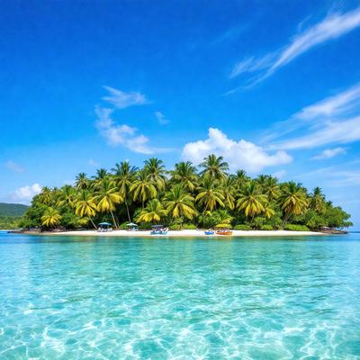The primary subject of the image is a tropical island surrounded by crystal blue water. The island is covered in lush green palm trees, creating a serene and relaxing atmosphere. The setting is a beautiful beach with a sandy shore, and the visual style is a realistic photo of the island. The colors and mood of the image are vibrant and inviting, making it an ideal representation of a tropical paradise.